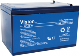 Lithium iron phosphate-battery, 12 V, 15 Ah, 150 x 98 x 101 mm, faston plug 6.3 mm
