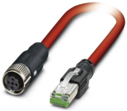 Network cable, RJ45 plug, straight to M12 socket, straight, Cat 5, SF/TQ, PVC, 10 m, red
