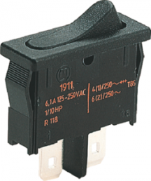Rocker switch, black, 1 pole, On-Off, off switch, 6 (2) A/250 VAC, 4 (1) A/250 VAC, IP40, unlit, unprinted
