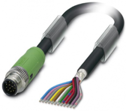 Sensor actuator cable, M12-cable plug, straight to open end, 12 pole, 1.5 m, PUR/PVC, black, 1.5 A, 1430048