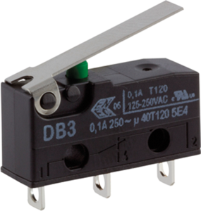 Subminiature snap-action switch, On-On, solder connection, hinge lever, 0.6 N, 0.1 A/250 VAC, IP50