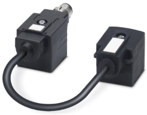 Sensor actuator cable, M12-cable plug, angled to valve connector DIN shape A, 4 pole, 0.15 m, PUR/PVC, black, 4 A, 1458143