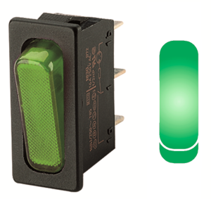 Rocker switch, green, 1 pole, On-Off, off switch, 20 (4) A/250 VAC, 10 (8) A/250 VAC, IP40, illuminated, unprinted