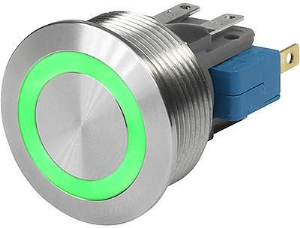 Pushbutton, 1 pole, silver, illuminated  (green), 10 A/250 VAC, mounting Ø 22 mm, IP67, 3-108-960
