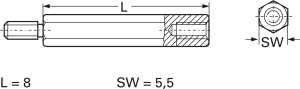 Hexagon spacer bolt, External/Internal Thread, M3/M3, 8 mm, brass