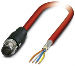 Network cable, M12-plug, straight to open end, Cat 5, SF/TQ, PVC, 10 m, red