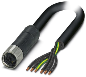 Sensor actuator cable, M12-cable socket, straight to open end, 6 pole, 3 m, PUR, black, 8 A, 1414910