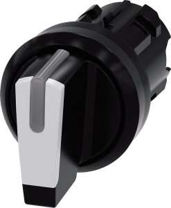 Toggle switch, illuminable, groping, waistband round, white, front ring black, 2 x 45°, mounting Ø 22.3 mm, 3SU1002-2BM60-0AA0