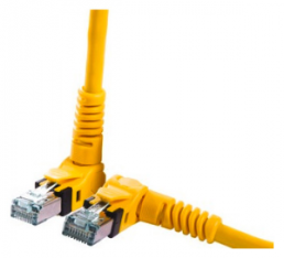 Patch cable, RJ45 plug, angled to RJ45 plug, angled, Cat 6A, S/FTP, PUR, 0.5 m, yellow