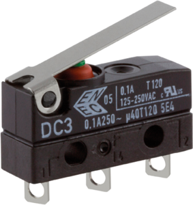 Subminiature snap-action switch, On-On, solder connection, hinge lever, 0.8 N, 0.1 A/250 VAC, IP67