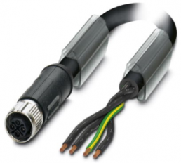 Sensor actuator cable, M12-cable socket, straight to open end, 4 pole, 1 m, PUR, black, 12 A, 1408843