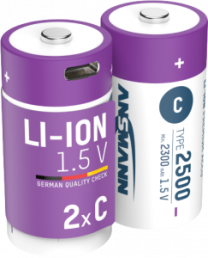 Lithium-ion-battery, 1.5 V, 2300 mAh, C, surface contact/USB-C connector