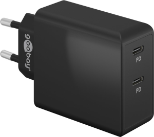 USB socket charger, Euro plug to 2x USB-C socket, 3 A, black
