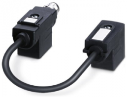 Sensor actuator cable, M12-cable plug, angled to valve connector DIN shape B, 4 pole, 0.15 m, PUR/PVC, black, 4 A, 1458321