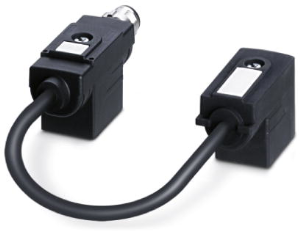 Sensor actuator cable, M12-cable plug, angled to valve connector DIN shape BI, 4 pole, 0.1 m, PUR/PVC, black, 4 A, 1458499