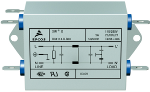 EMC filter, 50 to 60 Hz, 6 A, 250 V (DC), 250 VAC, 4.7 mH, faston plug 6.3 mm, B84114D0000B060