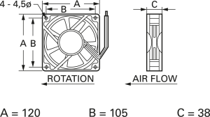 DC axial fan, 24 V, 120 x 120 x 38 mm, 177 m³/h, 41 dB, slide bearing, TRACO POWER, D12 M24 HWS