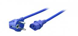 Power cord, Europe, plug type E + F, angled on C13 jack, straight, H05VV-F3G0.75mm², blue, 1.8 m