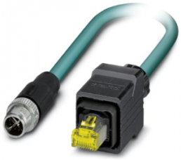 Network cable, M12-plug, straight to RJ45 plug, straight, Cat 6A, S/FTP, PUR, 2 m, blue
