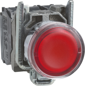 Pushbutton, illuminable, groping, 1 Form A (N/O) + 1 Form B (N/C), waistband round, red, front ring silver, mounting Ø 22 mm, XB4BW34B5
