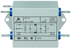EMC filter, 50 to 60 Hz, 10 A, 250 V (DC), 250 VAC, 820 µH, faston plug 6.3 mm, B84111A0000B110