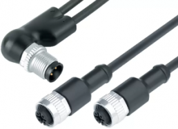 Sensor actuator cable, M12-cable plug, angled to 2 x M12 cable socket, straight, 4 pole/2 x 3 pole, 1 m, PUR, black, 4 A, 77 9827 3430 50003-0100