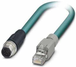 Network cable, M12-plug, straight to RJ45 plug, straight, Cat 5, S/UTP, PUR, 2 m, blue