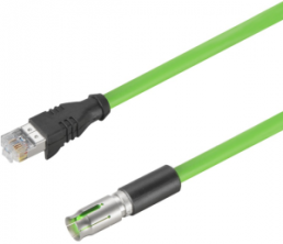 Sensor actuator cable, M12-cable socket, straight to RJ45-cable plug, straight, 4 pole, 1 m, PUR, green, 4 A, 2451080100