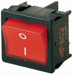 Rocker switch, red, 2 pole, On-Off, off switch, 12 (4) A/250 VAC, 8 (8) A/250 VAC, IP40, illuminated, printed