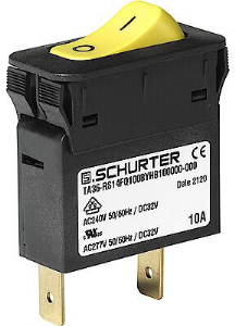 Thermal circuit breaker, 1 pole, T characteristic, 10 A, 32 V (DC), 240 V (AC), faston plug 6.3 x 0.8 mm, snap-in, IP40