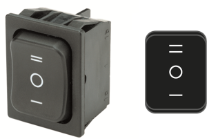 Rocker switch, black, 2 pole, On-Off-On, Changeover switch, 6 (4) A/250 VAC, IP40, unlit, printed