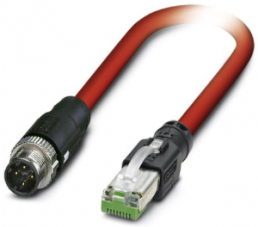 Network cable, M12-plug, straight to RJ45 plug, straight, Cat 5, SF/TQ, PVC, 2 m, red