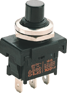 Pushbutton switch, 1 pole, black, unlit , 6 (4) A/250 VAC, mounting Ø 12 mm, IP40, 1841.1101
