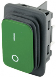 Rocker switch, green, 2 pole, On-Off, off switch, 20 (4) A 250 VAC 1E4, 10 (8) A 250 VAC 5E4, IP65, unlit, printed