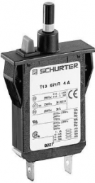 Circuit breaker, 1 pole, T characteristic, 200 mA, 28 V (DC), 240 V (AC), faston plug 6.3 x 0.8 mm, snap-in, IP40