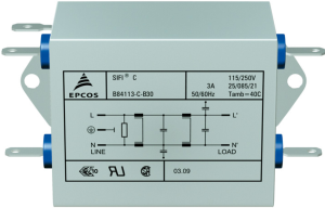 RFI filter, 50 to 60 Hz, 10 A, 250 V (DC), 250 VAC, 3.9 mH, faston plug 6.3 mm, B84113H0000B110