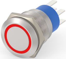 Pushbutton, 2 pole, silver, illuminated  (red), 5 A/250 V, mounting Ø 19.2 mm, IP67, 6-2213767-7