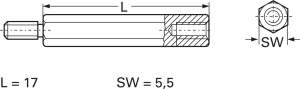 Hexagonal spacer bolt, External/Internal Thread, M3/M3, 17 mm, brass