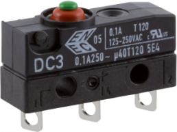 Subminiature snap-action switch, On-On, solder connection, pin plunger, 2 N, 0.1 A/250 VAC, IP67