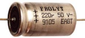 Electrolytic capacitor, 100 µF, 10 V (DC), -20/+20 %, axial, Ø 14 mm