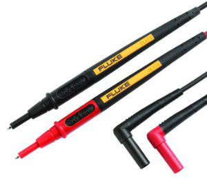 Measuring lead with (4 mm lamella plug, straight) to (test probe, angled), 1.2 m, black/red, silicone, CAT II