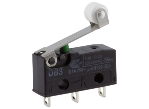 Subminiature snap-action switche, On-On, solder connection, Roller lever, 0.65 N, 0.1 A/250 VAC, IP50