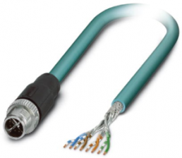 Network cable, M12-plug, straight to open end, Cat 6A, S/FTP, PUR, 1 m, blue