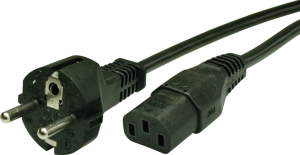 Device connection line, Europe, plug type E + F, straight on C13 jack, straight, H05Z1Z1-F3G1.0mm², black, 2.5 m