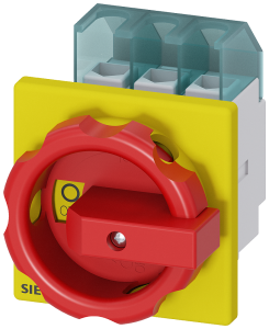 Emergency stop load-break switch, Rotary actuator, 3 pole, 25 A, 690 V, (W x H x D) 67 x 84 x 92.5 mm, front mounting, 3LD2103-0TK53