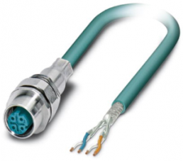 Sensor actuator cable, M12-cable socket, straight to open end, 4 pole, 2 m, PUR, turquoise, 4 A, 1528507