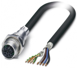 Sensor actuator cable, M12-cable socket, straight to open end, 8 pole, 2 m, PUR, black, 6 A, 1407506