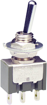 Toggle switch, metal, 1 pole, groping/latching, (On)-Off-(On), 6 A/125 VAC, 4 A/30 VDC, silver-plated, MN18SS4W01
