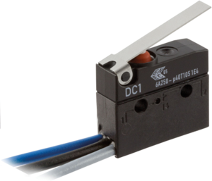 Subminiature snap-action switch, On-On, stranded wires, hinge lever, 0.7 N, 6 A/250 VAC, IP67