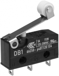 Subminiature snap-action switch, On-On, solder connection, roller lever, 0.65 N, 5 A/125 VAC, 1 A/48 VDC, IP50
